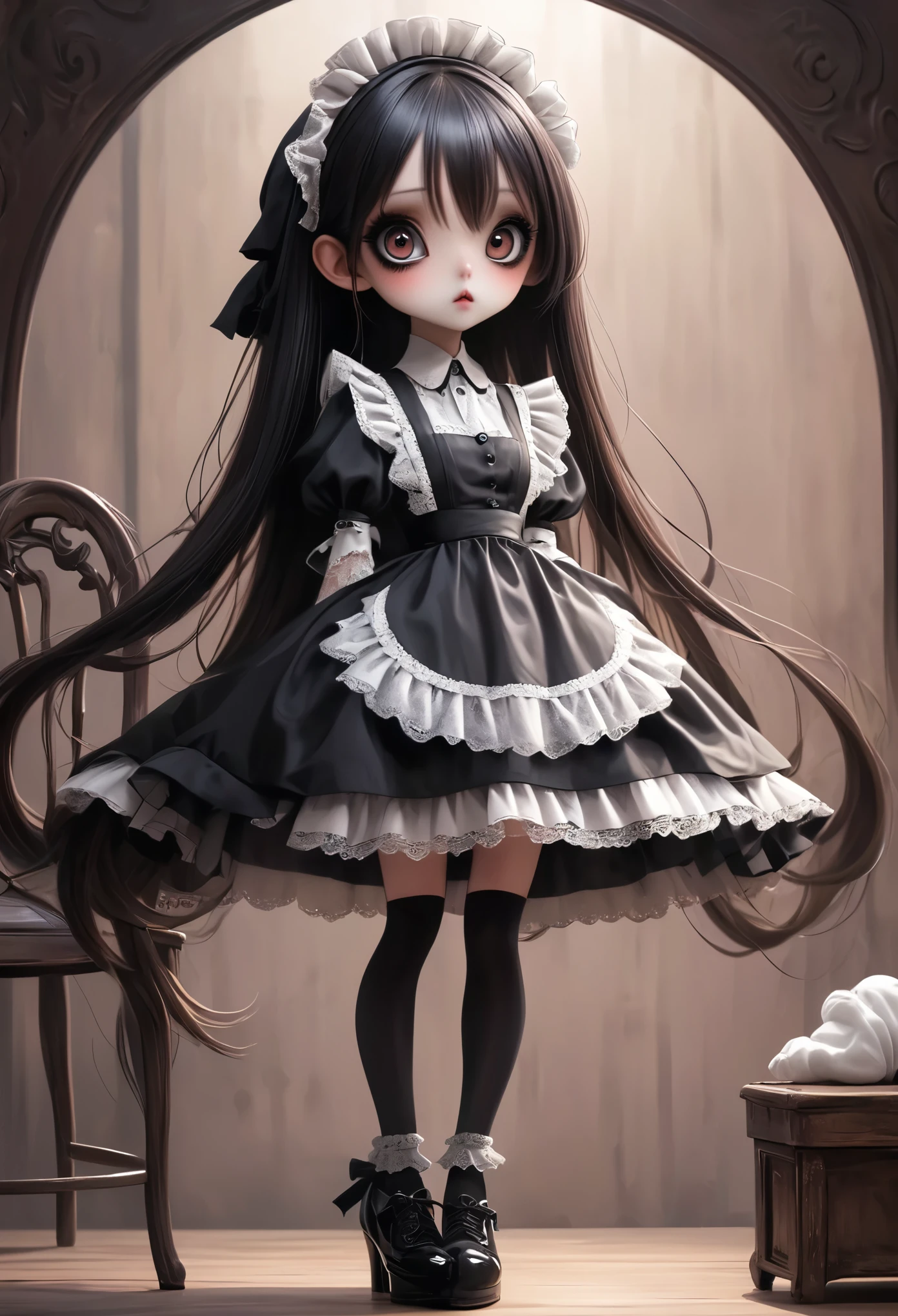 1 Girl，Unique，big eyes，Exquisite facial features，Dark eyeshadow，Weird makeup，Lace maid outfit，long hair，Thin waist，Extra long legs，Standing，upright，sock，shoe，