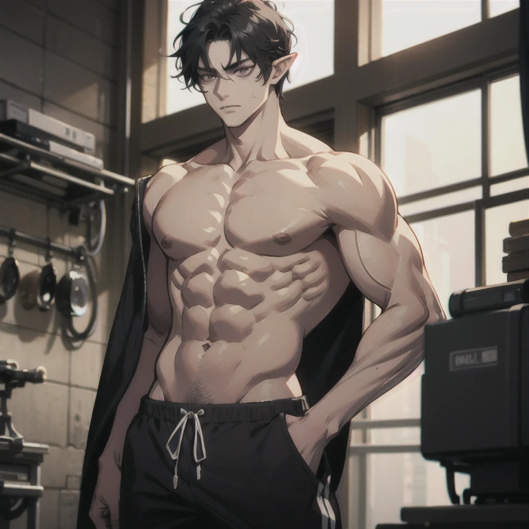 Tall and defined elf, black hair and purple eyes, shirtless pants and loose sweatpants with a serious face