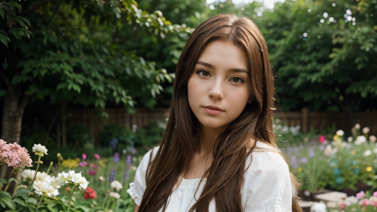 make an anime style image of a girl with long light brown hair in a garden full of flowers