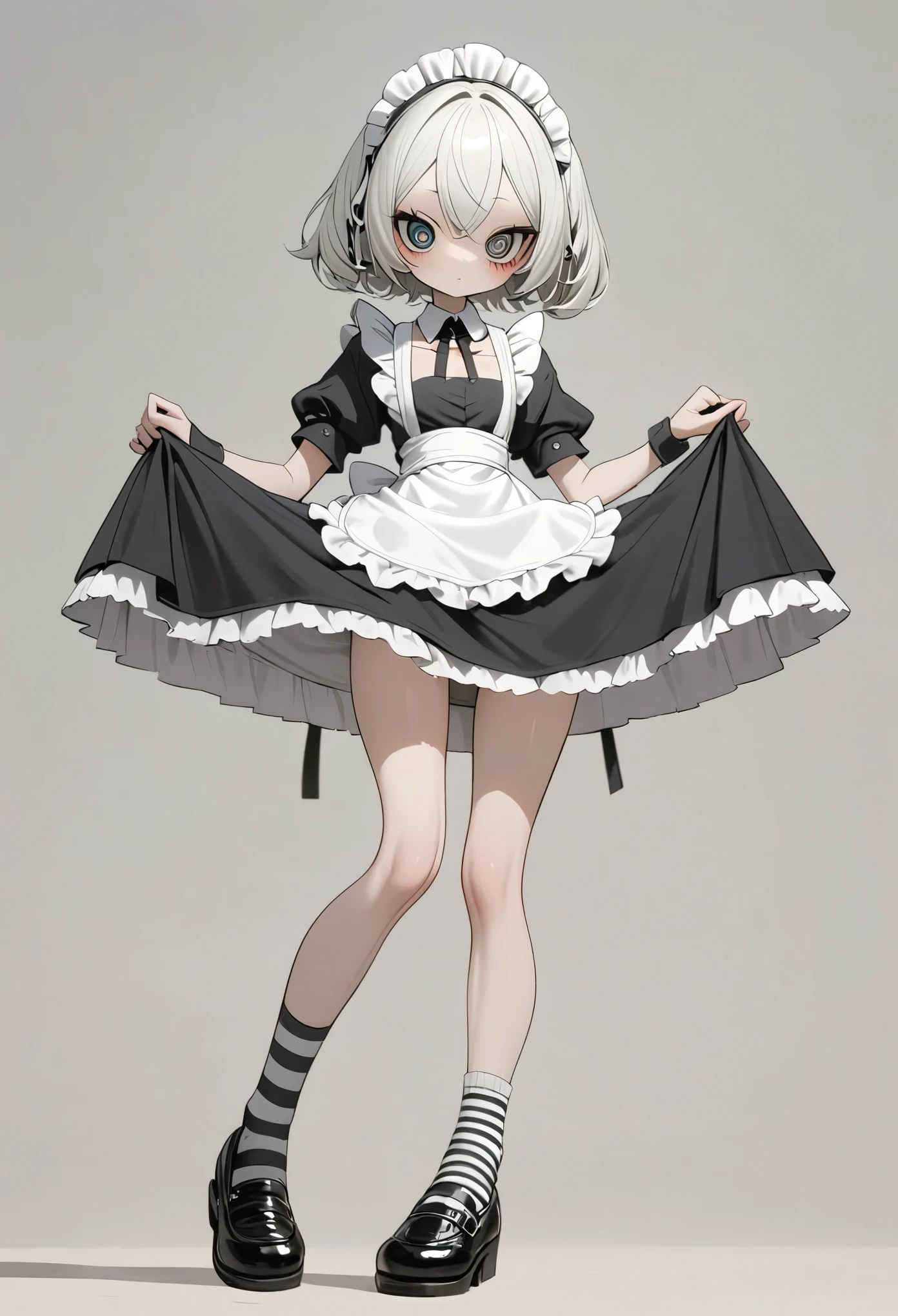 1 big eyes doll，Unique，Maid costume，black and white，Slender legs，Long striped socks，shoe