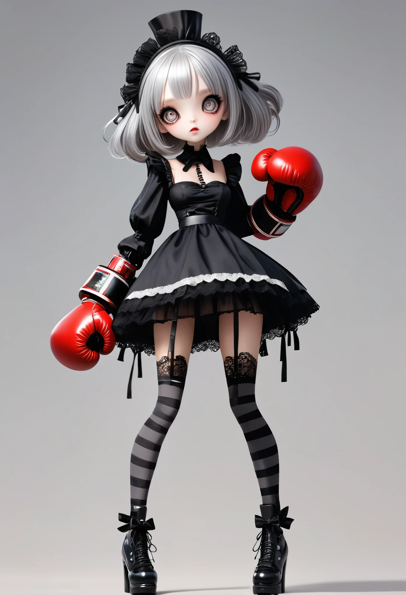 1 Girl,Robot,Unique,big eyes,Exquisite facial features,Dark eyeshadow,Weird makeup,Lace maid outfit,Silver hair,Thin waist,Extra long legs,Standing,upright,sock,shoe,Boxing gloves