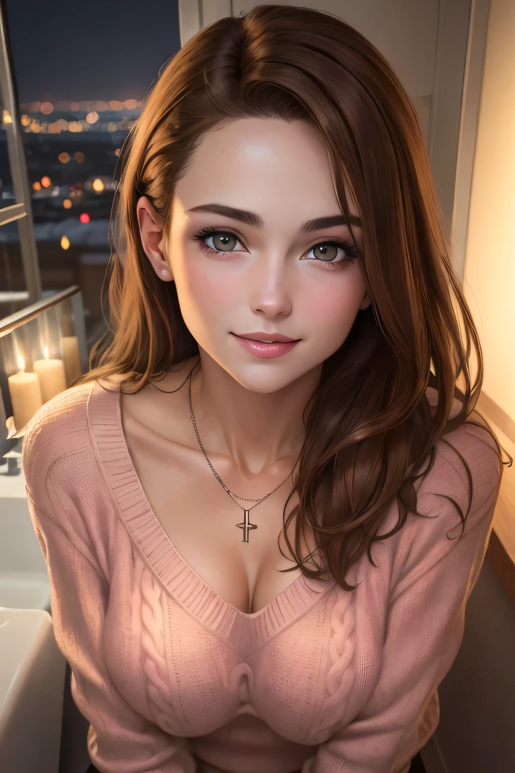 Amazing portrait of a nighttime with realistic light and the best quality and is a masterpiece showcasing a girl with a beautiful face who is a slim beauty with brown hair and medium breasts wearing a long pink sweater in the bathroom with her super fine face and delicate eyes and a smile and a necklace