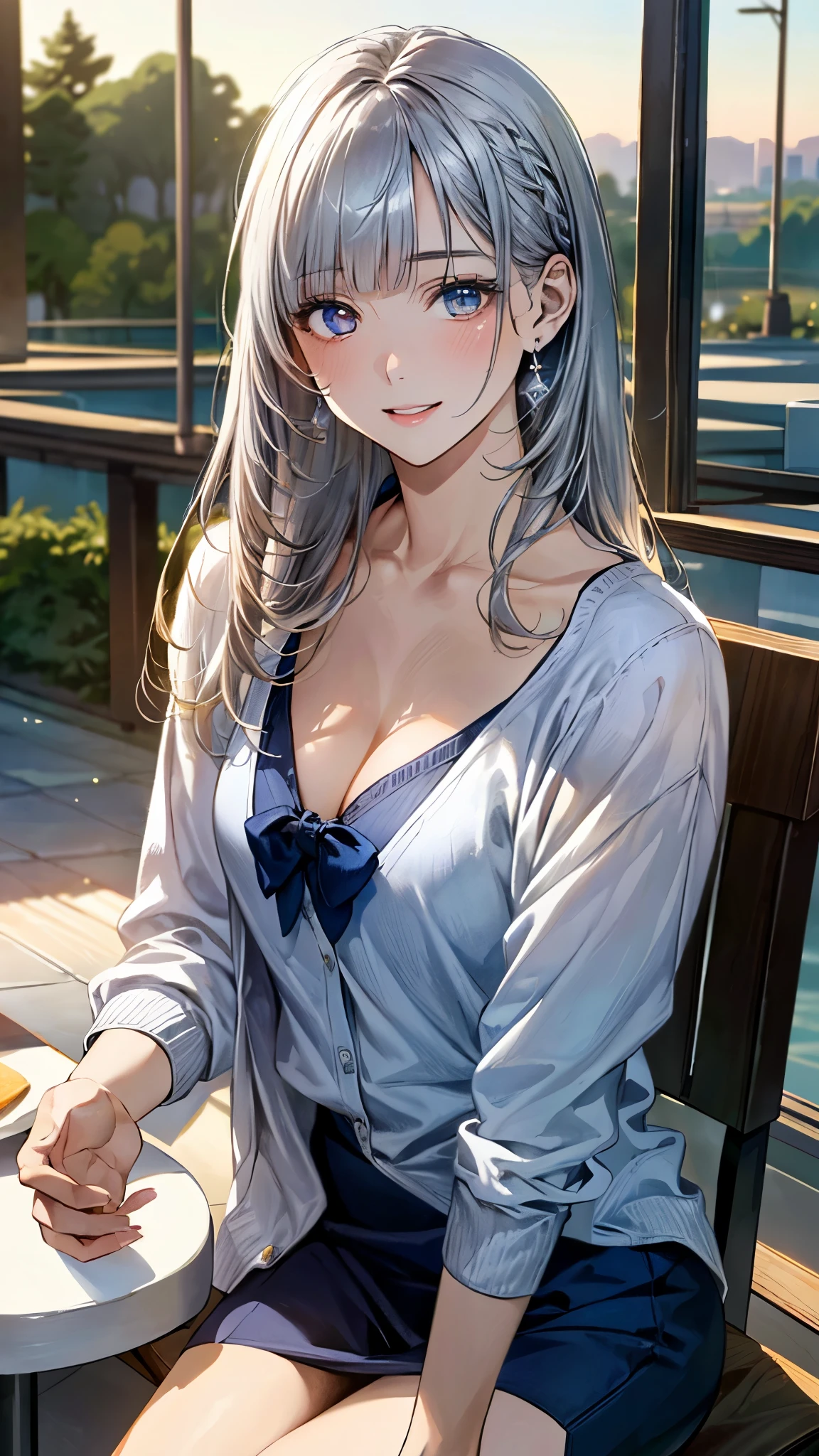 (masterpiece:1.3, top-quality, ultra high res, ultra detailed), (realistic, photorealistic:1.4), beautiful illustration, perfect lighting, natural lighting, colorful, depth of fields, surrealism,
beautiful detailed hair, beautiful detailed face, beautiful detailed eyes, beautiful clavicle, beautiful body, beautiful chest, beautiful thigh, beautiful legs, beautiful fingers, shiny skin,
looking at viewer, 1 girl, japanese, office lady, 19 years old, (perfect anatomy, anatomically correct, super detailed skin), cute and symmetrical face, babyface, perfect face, perfect eyes,
(long hair:1.8, straight hair, silver hair), blunt bangs, twin braided bangs, blue eyes, drooping eyes, long eye lasher, (medium breasts, seductive thighs), slender,
((long sleeve v-neck navy blue cardigan, closed cardigan), white camisole, light purple tight skirt),
(beautiful scenery), summer, evening, (restaurant, sitting restaurant chair), (lovely smile, upper eyes, parted lips),