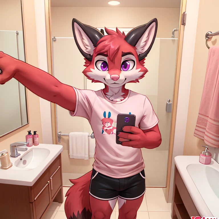 Anthropomorphic male crimson fox with pink nose, black ears, horns and purple eyes, two tails, fullbody view, solo, standing, selfie pov, bathroom, digital art, holding a calculator like a cellphone. seen from the front, wearing a pink t-shirt and long pink socks with white stripes, serious face, watching himself in a mirror.
