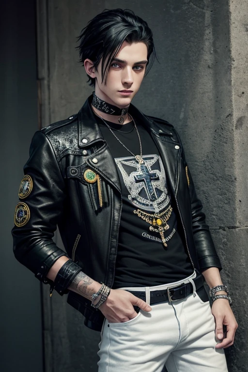 Thomas Weatherall 25-year-old boy with open black jacket, blue t-shirt with snow print, short black hair, punk style, yellow locks, black jeans, green eyes, black leather belt, silver buckle, slim muscular build, cross medallion, silver bracelet, looking straight at the viewer