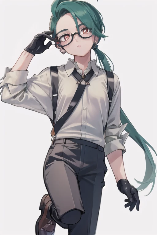 ((highest quality)), ((masterpiece)), (be familiar with),One girl,Chile,White Eyes,Earrings,Small breasts,Flat Chest,Black tie,shirt,White shirt,suspenders,Black gloves,Black trousers,shoes,good looking,Glasses,