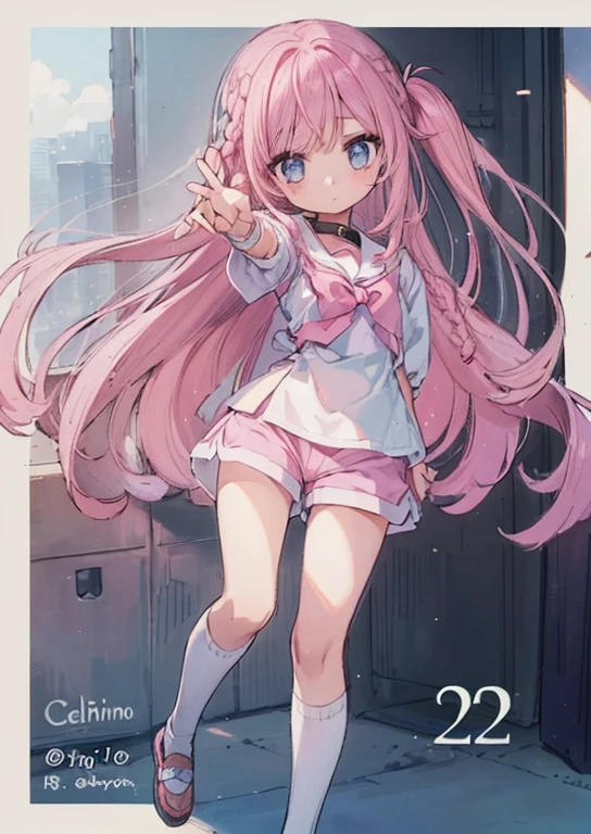 Beautiful illustrations, highest quality, (:1.4)、(pretty girl：1.5)、、Flat Chest、Sailor collar、(White long tunic)、Long sleeve sailor suit、Blue-line cuffs、(Pink Chino Shorts：1.7)、(Pink shorts with wide openings：1.6)、Gap between thigh and pants、Thin thighs、White socks、 Cinema Lighting, (Pink Long Hair)、Pink Straight Hair、Redness on the cheeks、(Braiding of the back of the head)