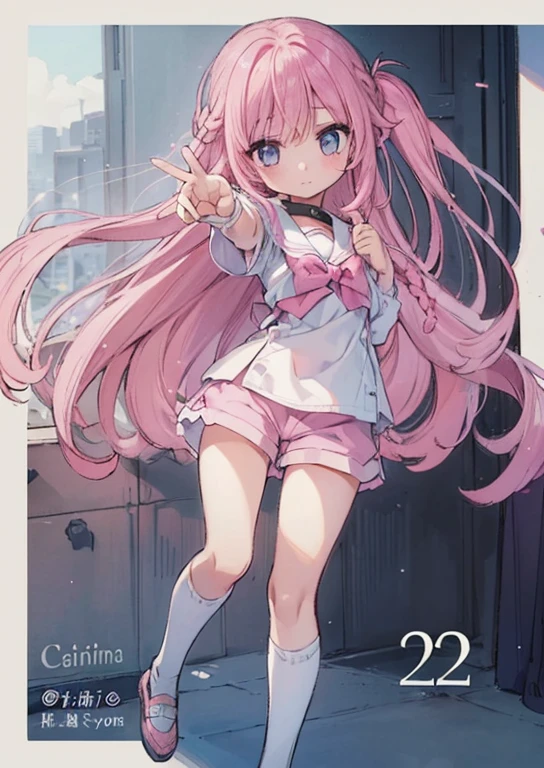 Beautiful illustrations, highest quality, (-yeld gi1.4)、(pretty girl:1.5)、、Flat Chest、Sailor collar、(White long tunic)、Long sleeve sailor suit、Blue-line cuffs、(Pink Chino Shorts:1.7)、(Pink shorts with wide openings:1.6)、Gap between thigh and pants、Thin thighs、White socks、 Cinema Lighting, (Pink Long Hair)、Pink Straight Hair、Redness on the cheeks、(Braiding of the back of the head)