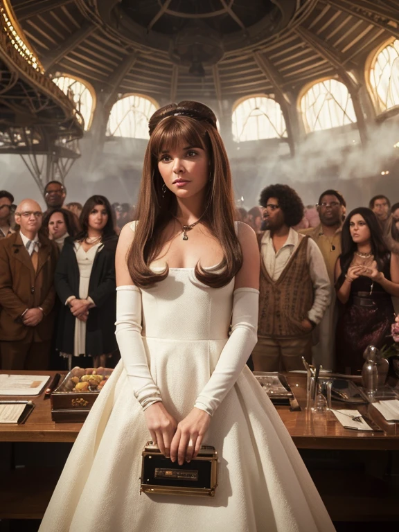 arafed image of a woman in a white dress standing in front of a group of people, 7 0 s sci - fi art, attractive brown hair woman, still frame from a movie, hypermaximalist, promotional render, by Menez, cosmic bjork, steam punk, velma, mars attacks, circa 1970, cp2077  