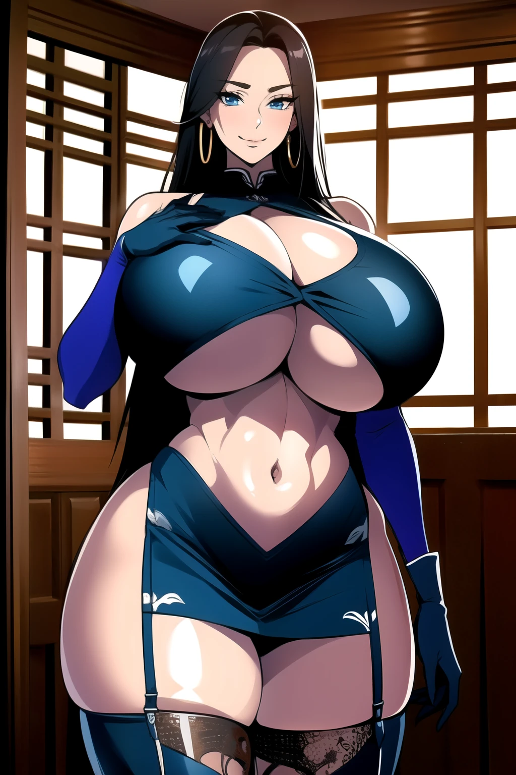 ultra realistic 8k cg, masterpiece, ((ultra detailed background, intricate detail, highly detailed, fine details best quality, hyperdetailed face)), gigantic breasts ,beautiful lighting, absurdres, BoaHancockV2, 1girl, solo, black hair, long hair, jewelry, closed mouth, ), cleavage, (chinese dress : 1.1), (underboob : 1.4), elbow gloves, thigh boots, miniskirt, bare shoulders,, bare shoulders, curvy, midriff, curvy, thighs, shiny clothes), blue eyes, complex detailed background, indoor, palace), ((cowboy shot)), curvy, (gigantic breasts: 1.4), seductive smile, cowboy shot, earrings, jewelry