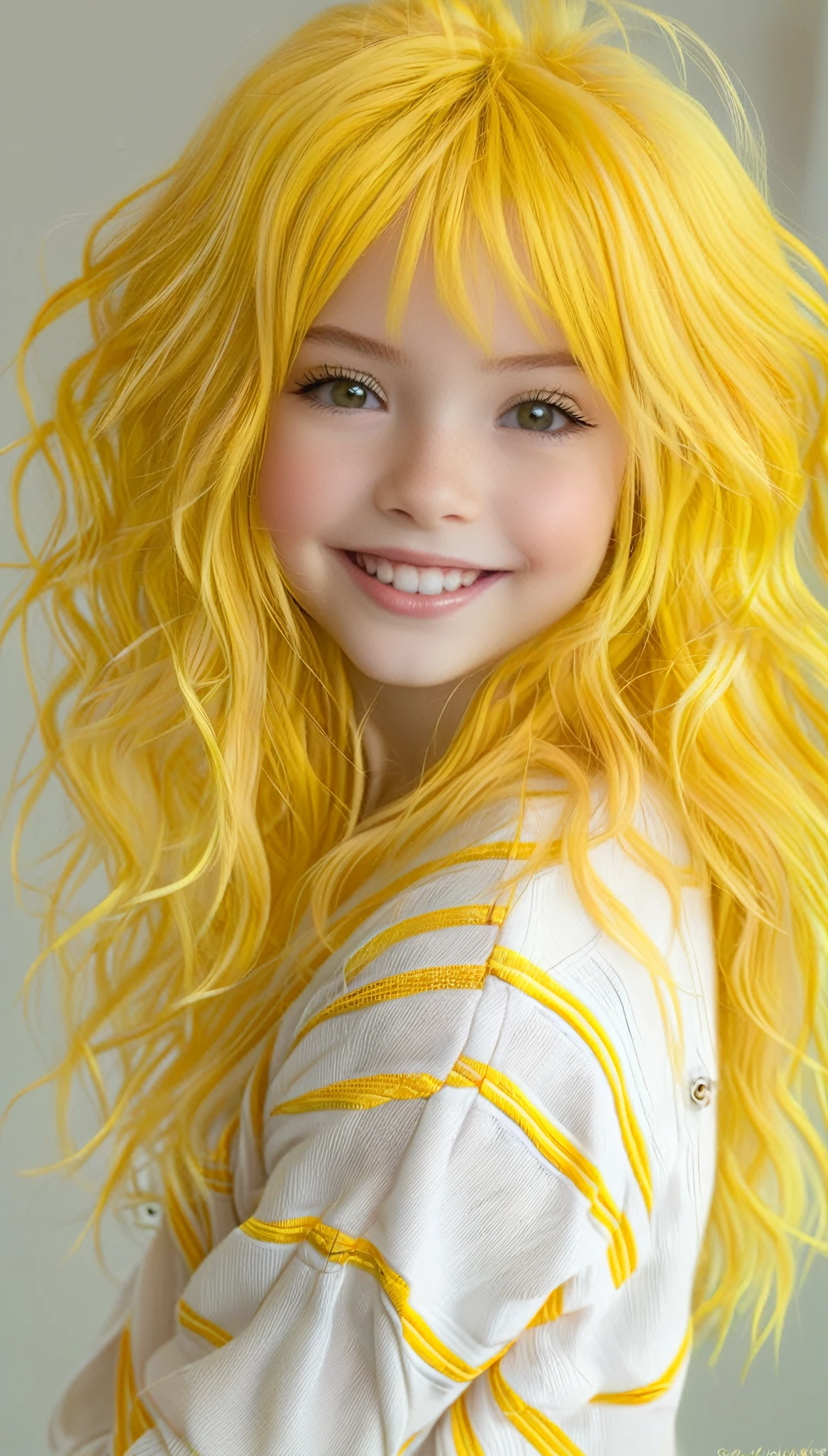 chibi style masterpiece,best quality,bellissima,1girl, solo, gray eyes, half body, yellow hair, cute, adorable, bright colors, cheerful, highly detailed, smile