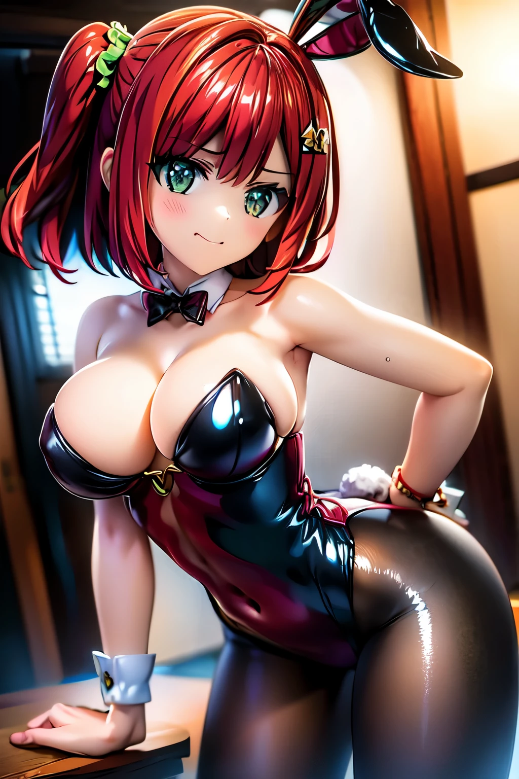 best quality, masterpiece, extremely detailed CG, official art , professional lighting, sakimiyairuka, (one side up), green scrunchie, hair ornament, red hair, green eyes, perfect face, shiny skin, playboy bunny, black pantyhose, bowtie, wrist cuffs, casino, cowboy shot