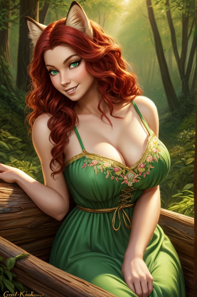 A Stunningly Gorgeous Women-Like Creature (Female) From A Fairy Tale World. With Vibrant Red Hair That Is Long Legth Curly, Frizzy, Kinky And Bushy, And Large Detailed Fox Ears. Vibrant Forrest Green Eyes, With Prominent Large Canine Teeth. Beautiful Ethereal Chalk-White Skin. Female. Wearing A Rustic Forrst Green Dress Embroidered With Gold. Ultra Feminine. Fox Tail. Beautiful Wholesome Vestral Farm Girl. Slender-Body With Large-Breasts. Working On A Farm. Mash Up Of Hedy Lamar And Molly Quinn. Looking At Viewer. , Greg Rutkowski, Thomas Kinkade