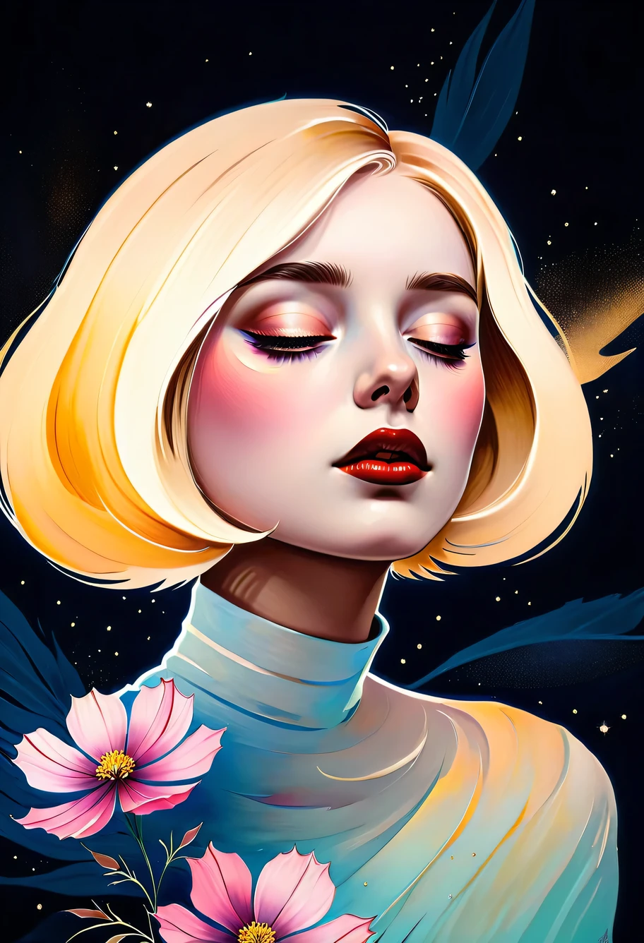 chiaroscuro technique on sensual illustration of an elegant blonde white girl , retro and vintage ,Chocolate Cosmos (Cosmos atrosanguineus) around body, matte painting, by Hannah Dale, by Harumi Hironaka, extremely soft colors, vibrant, pastel, highly detailed, digital artwork, high contrast, dramatic, refined, tonal, golden ratio, masterpiece, best quality, ultra high res, 1girl, portrait, (abstract art:1.4), (brush strokes), (colorful:1.1), bleeding blue, blue theme, visually stunning, beautiful, evocative, emotional, side view, perfect lighting, perfect shading, volumetric lighting, subsurface scattering, detailed, intricate, perfect body, stunning, gorgeous, beautiful, (beautiful face), (photorealistic:1.4),