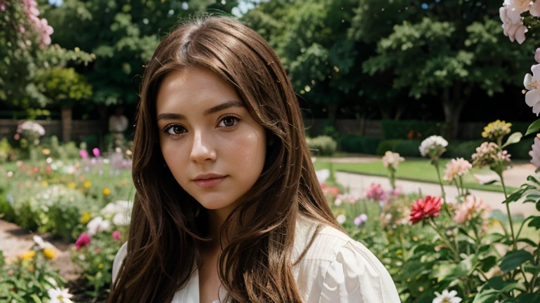 make an anime style image of a girl with long light brown hair in a garden full of flowers