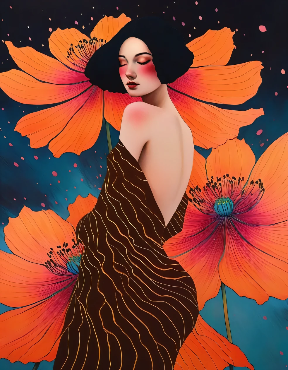 chiaroscuro technique on sensual illustration of a dancer, retro and vintage ,Chocolate Cosmos (Cosmos atrosanguineus) around body, matte painting, by Hannah Dale, by Harumi Hironaka, extremely soft colors, vibrant, pastel, highly detailed, digital artwork, high contrast, dramatic, refined, tonal, golden ratio, masterpiece, best quality, ultra high res, 1girl, portrait, (abstract art:1.4), (brush strokes), (colorful:1.1), bleeding blue, blue theme, visually stunning, beautiful, evocative, emotional, side view, perfect lighting, perfect shading, volumetric lighting, subsurface scattering, detailed, intricate, perfect body, stunning, gorgeous, beautiful, (beautiful face), (photorealistic:1.4),