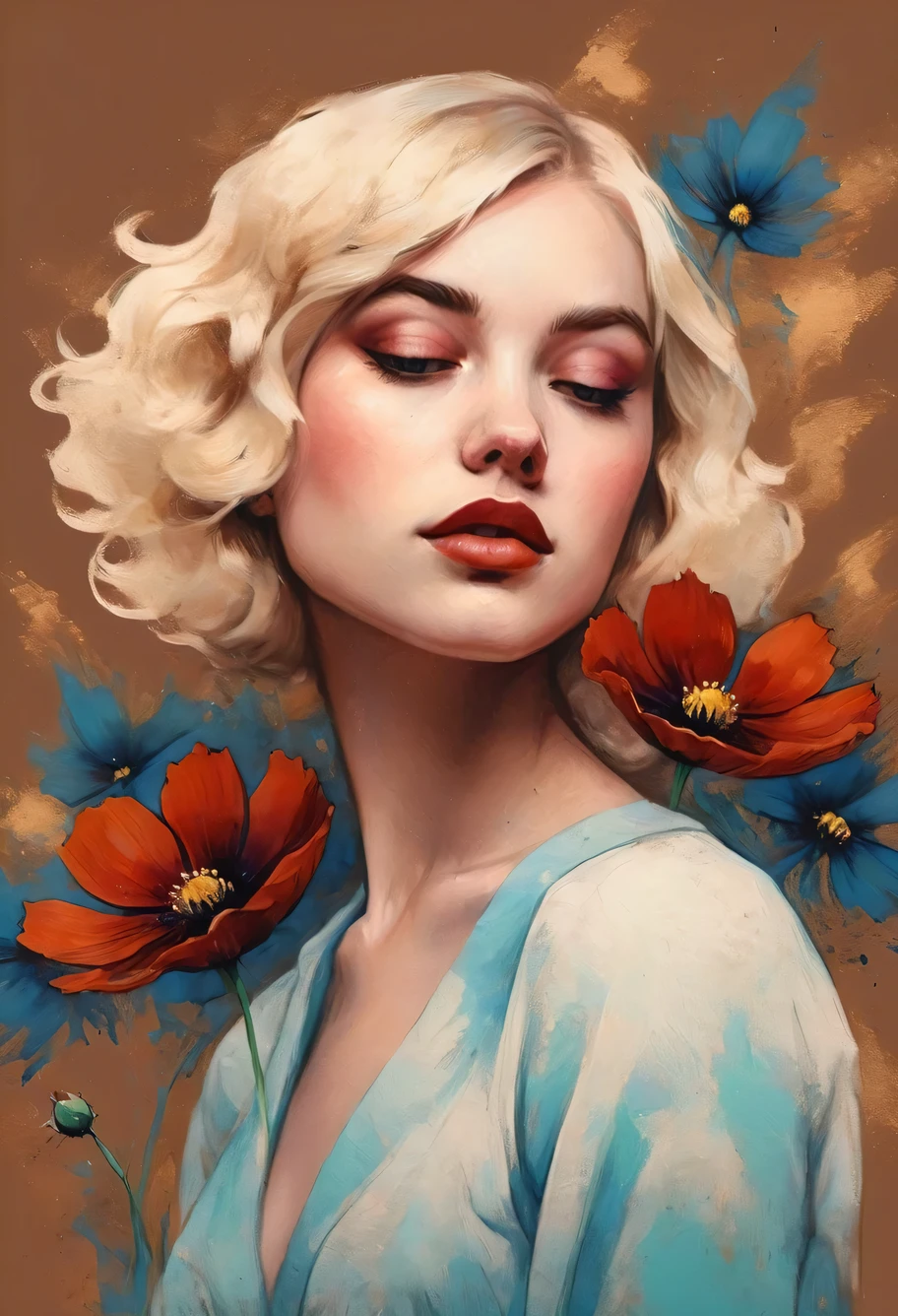 chiaroscuro technique on sensual illustration of an elegant blonde white girl , retro and vintage ,Chocolate Cosmos (Cosmos atrosanguineus) around body, matte painting, by Hannah Dale, by Harumi Hironaka, extremely soft colors, vibrant, pastel, highly detailed, digital artwork, high contrast, dramatic, refined, tonal, golden ratio, masterpiece, best quality, ultra high res, 1girl, portrait, (abstract art:1.4), (brush strokes), (colorful:1.1), bleeding blue, blue theme, visually stunning, beautiful, evocative, emotional, side view, perfect lighting, perfect shading, volumetric lighting, subsurface scattering, detailed, intricate, perfect body, stunning, gorgeous, beautiful, (beautiful face), (photorealistic:1.4),
