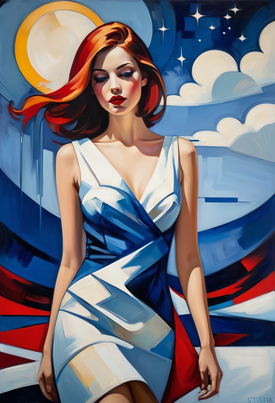 (best quality,realistic:1.37), painting of an emotional girl, snowy whimsical fantasy scene, vibrant colors of white, crimson, and royal blue mini dress, abstract shapes and lines brush strokes, poster art, emotional atmosphere. Impressive oil on canvas, Fine paintings, monochromatic. malcolm liepke oil painting, impressionist painting. art deco background, (best quality,actual,high resolution:1.2),pastel tones, painting,Impressionist strokes,from cubism, Fauvism to Surrealism and Abstraction, Miss, Their artistic concepts and patterns are reflected in the clothing design.starry sky background