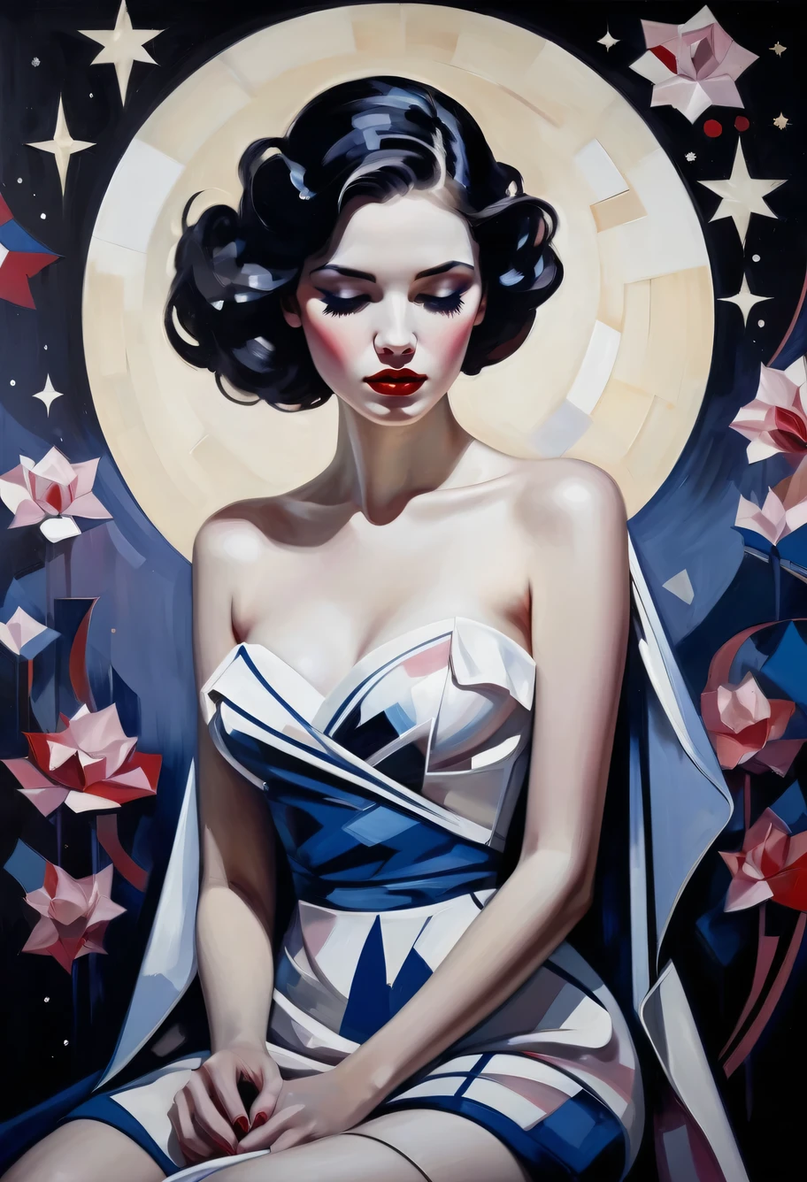 (best quality,realistic:1.37), painting of an emotional girl, snowy whimsical fantasy scene, vibrant colors of white, crimson, and royal blue mini dress, abstract shapes and lines brush strokes, poster art, emotional atmosphere. Impressive oil on canvas, Fine paintings, monochromatic. malcolm liepke oil painting, impressionist painting. art deco background, (best quality,actual,high resolution:1.2),pastel tones, painting,Impressionist strokes,from cubism, Fauvism to Surrealism and Abstraction, Miss, Their artistic concepts and patterns are reflected in the clothing design.starry sky background