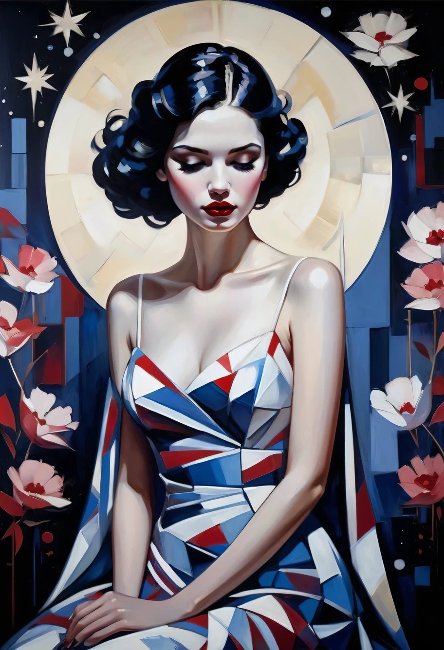 (best quality,realistic:1.37), painting of an emotional girl, snowy whimsical fantasy scene, vibrant colors of white, crimson, and royal blue mini dress, abstract shapes and lines brush strokes, poster art, emotional atmosphere. Impressive oil on canvas, Fine paintings, monochromatic. malcolm liepke oil painting, impressionist painting. art deco background, (best quality,actual,high resolution:1.2),pastel tones, painting,Impressionist strokes,from cubism, Fauvism to Surrealism and Abstraction, Miss, Their artistic concepts and patterns are reflected in the clothing design.starry sky background