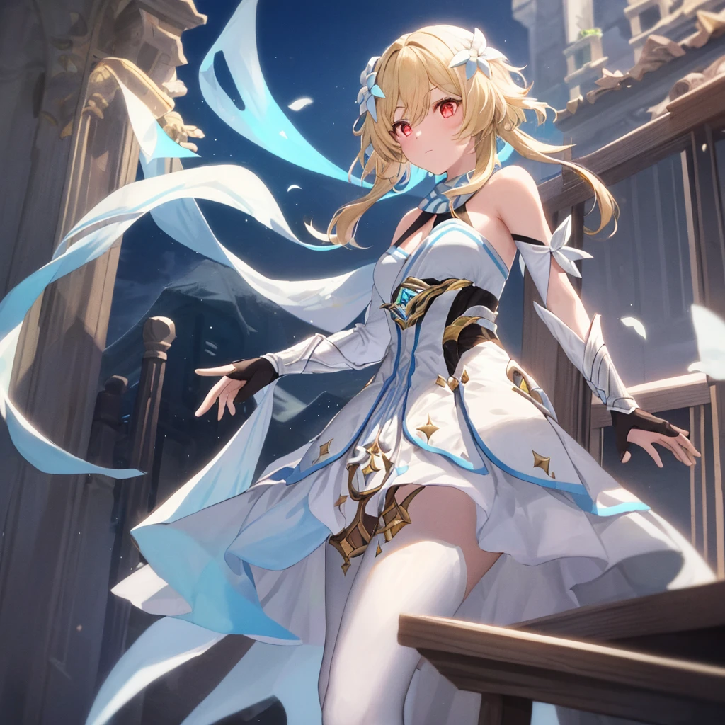 One girl, alone, Luminedef, Cleavage, Are standing, (Glowing red eyes), (View from below), There are 10 suns floating in the sky in the background
