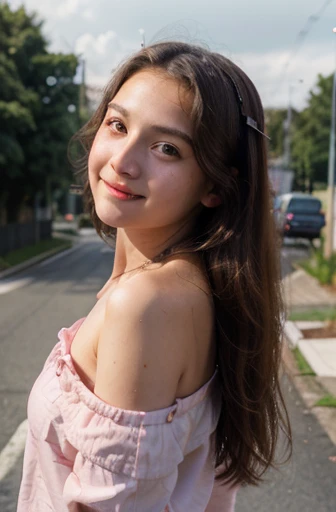 Masterpiece, white skin, textured skin, super detail, high details, high quality, 8k, nice pose, road night background, dark shadow, less light, nature light, side lighting to face beautifull ((14 years old girl)) A pink jacket, cute girl, beautiful girl, cute detailed , long hair (smile) realsltic, A cute girl, perfect face, beautifull 14 years old girl,14 years old girl, cute face, perfect face shape ((looking at sky)) ((open shoulder))