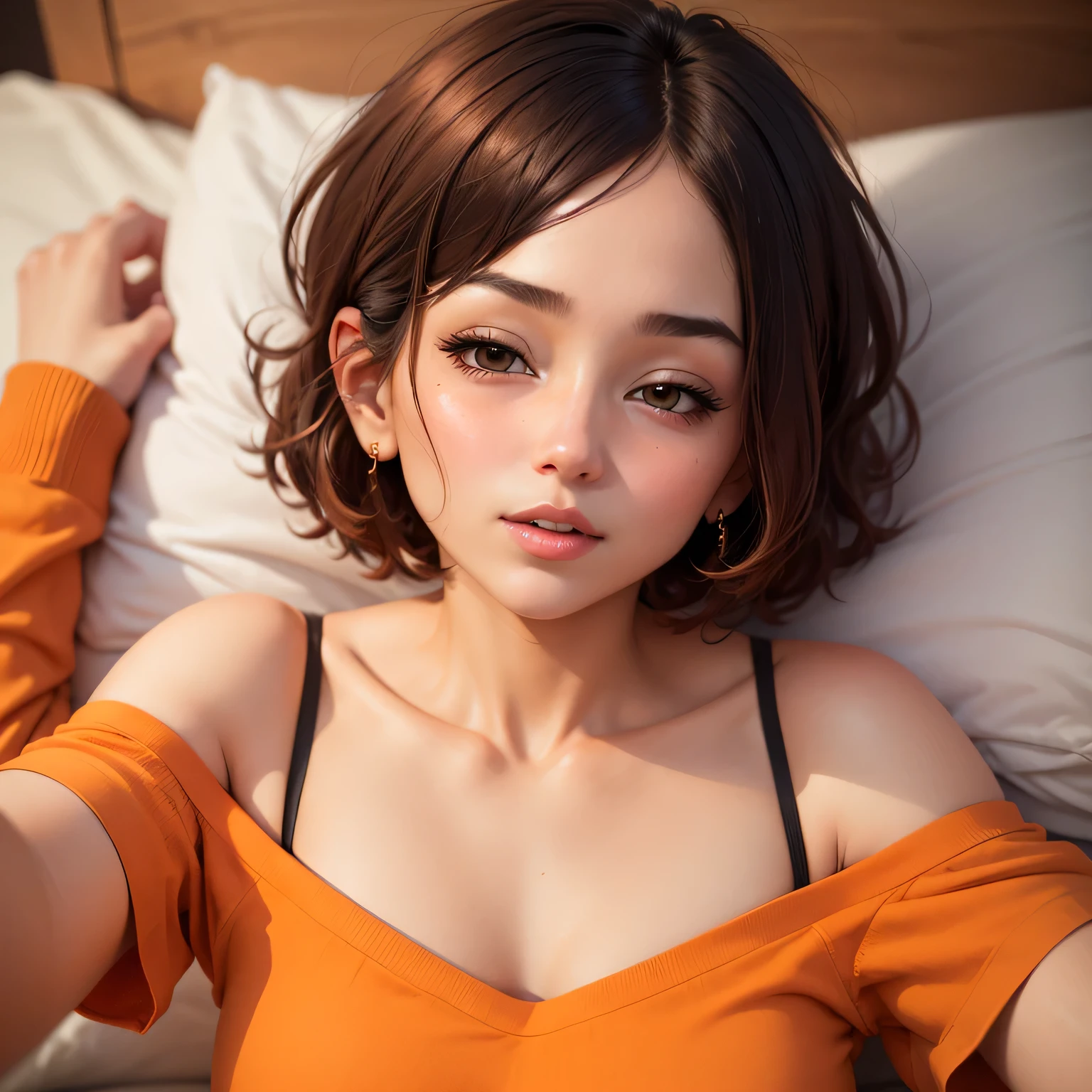 Amazing portrait of a sexy and cute girl with a short bob hairstyle and a seductive gaze who is blushing intensely with parted lips and is desperate and flustered and lustful wearing an off shoulder orange t shirt showcasing her bare shoulder while lying on bed