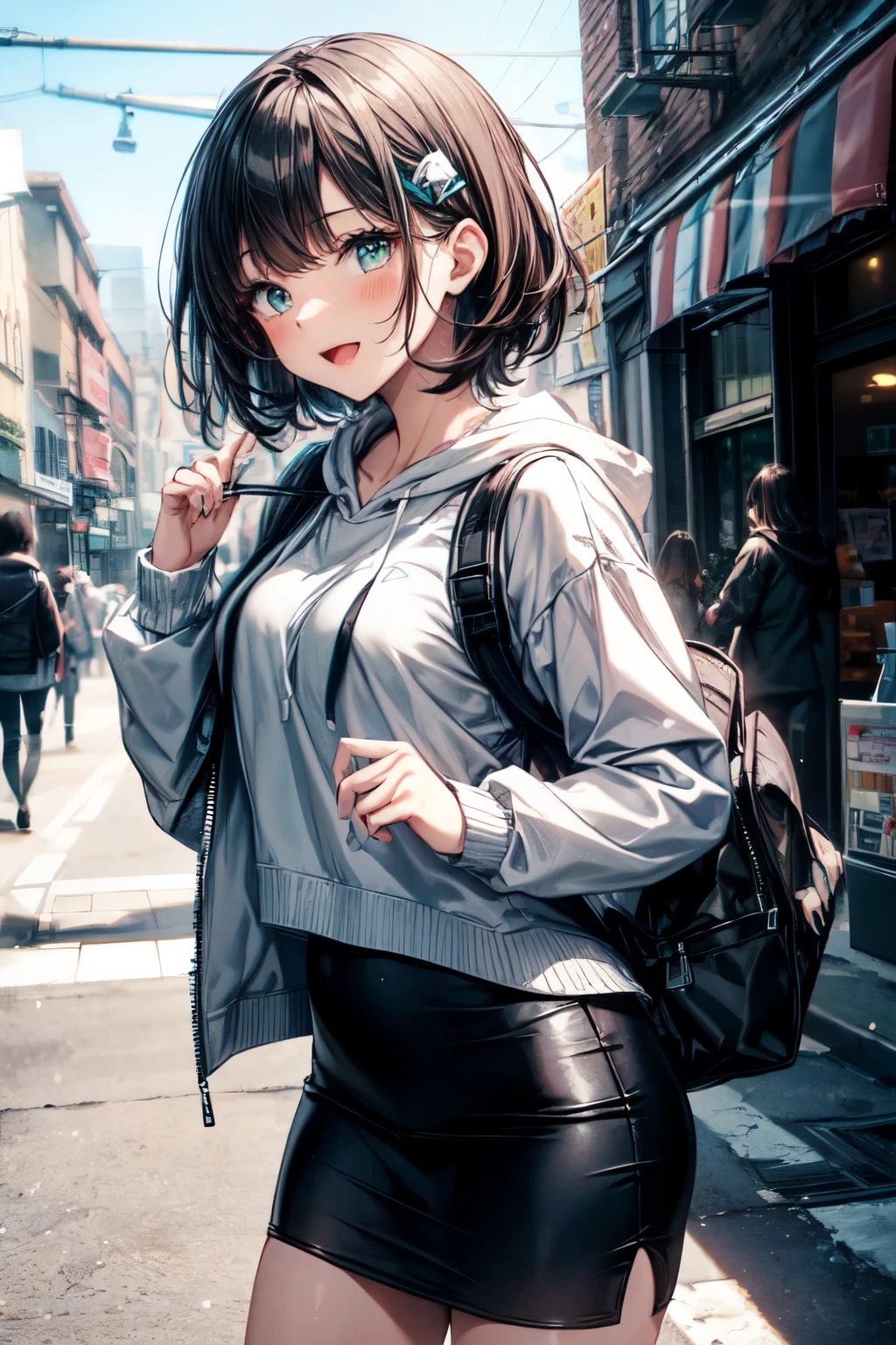 an extremely delicate,
beautiful girl,
break,
8k,
best quality,
masterpiece,
ultra hires,
ultra detailed girl,
super fine illustration,
break,
active pose, dynamic angle,
street,
shiny,
bright,
rim lighting,
break,
1girl,
solo,
college age,
perfect female body,
black hair,
short hair,
bangs hairpin,
asymmetrical bangs,
round face,
PaleTurquoise eyes,
sleepy,
(smile:0.8), open mouth,
medium breasts,
break,
hoodie,
pencil Skirt,
long sleeves,
knapsack,