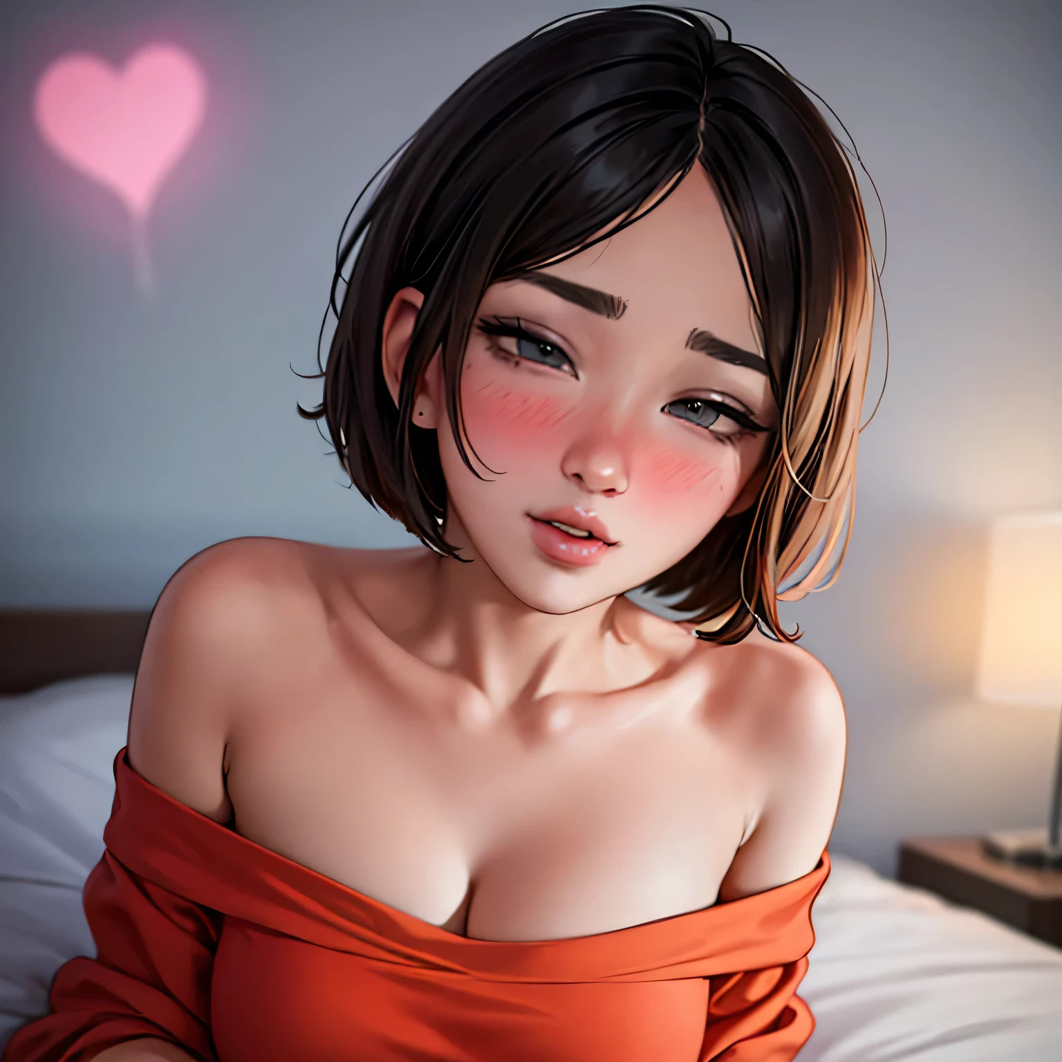 Amazing portrait of a sexy and cute girl with a short bob hairstyle and a seductive gaze who is blushing intensely with parted lips and is desperate and flustered and lustful wearing an off shoulder orange t shirt showcasing her bare shoulder while lying on bed