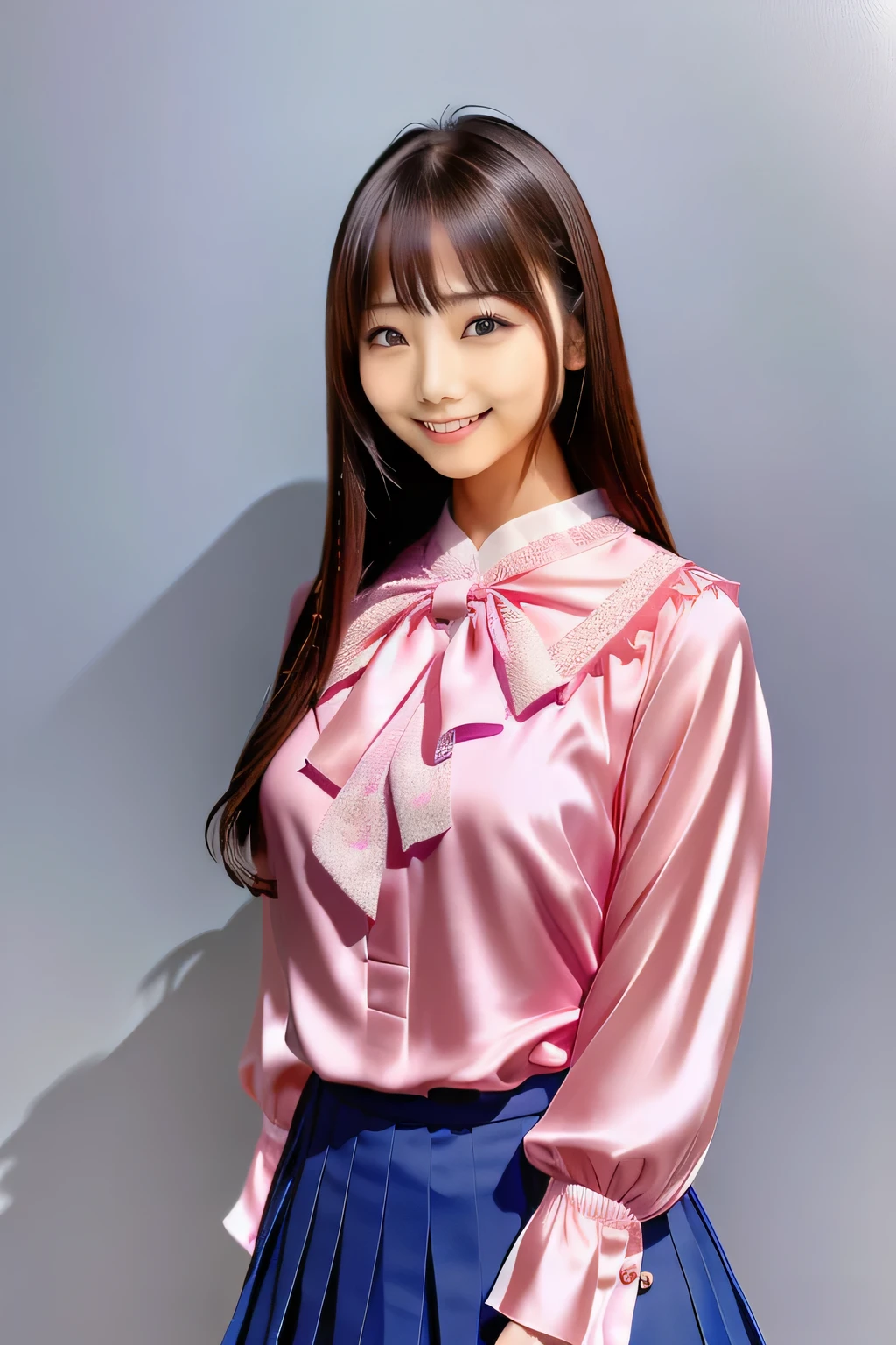 A woman wearing a pink blouse and a blue skirt taking a photo, kimi takemura, Chiho, Japanese Model, aoshima Chiho, yuruyuri, ayami kojima amano, Cute Japanese high school girls, Chiho ashima, Larisa Manovar, Wearing a silk blouse, deayami kojima, Wearing a pink frilly blouse