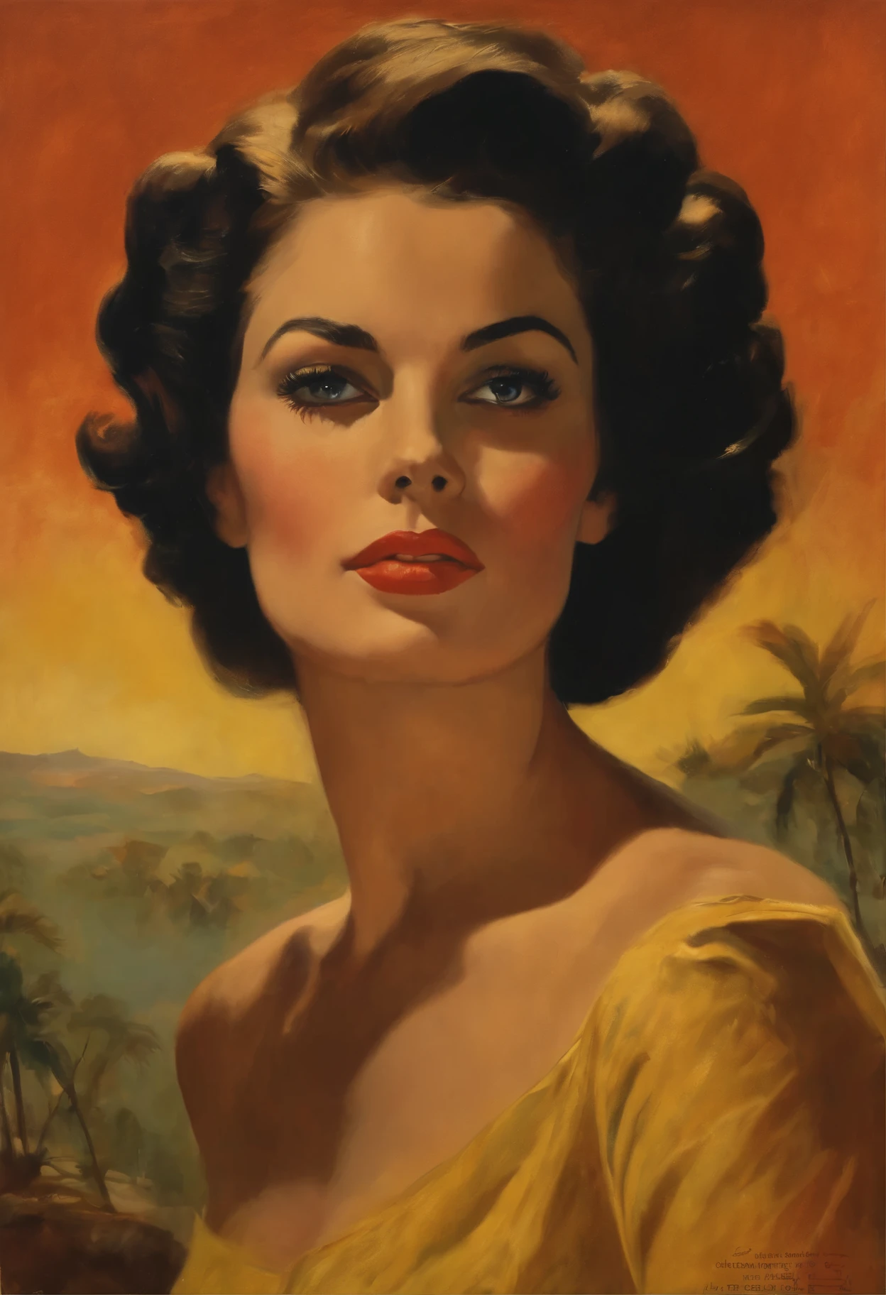 Mulher clara, cabelos ruivos longos, robusta, sexy, ruiva, oil portrait, 1960, vintage, VHS, pintura vintage, arte da capa do livro pulp scifi, Hestia, retro pulp art, 1970 s cartaz do filme, pintura de cartazes de filmes, Vintage Pulp Art a portrait of Lula in the 21st century, bela pintura com rosto altamente detalhado por greg rutkowski e magali villanueve, pure and innocent expression, texturas de reflexos naturais, cinematic lighting