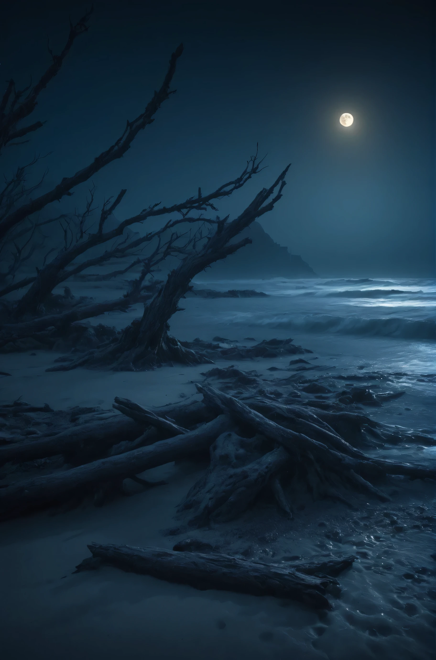 full moon, creepy, masterpiece, best quality, hyper detailed, ultra detailed, UHD, perfect anatomy, portrait, dof, hyper-realism, majestic, awesome, inspiring, sinister Dark, cinematic, deep blacks, Perfect Hands, cinematic composition, soft shadows, national geographic style, creepy, ominous, wide shot, long shot, far away, dynamic pose,