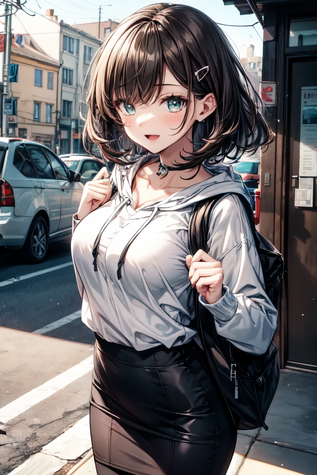 an extremely delicate,
beautiful girl,
break,
8k,
best quality,
masterpiece,
ultra hires,
ultra detailed girl,
super fine illustration,
break,
active pose, dynamic angle,
street,
shiny,
bright,
rim lighting,
break,
1girl,
solo,
college age,
perfect female body,
black hair,
short hair,
bangs hairpin,
asymmetrical bangs,
round face,
PaleTurquoise eyes,
sleepy,
(smile:0.8), open mouth,
medium breasts,
break,
hoodie,
pencil Skirt,
long sleeves,
knapsack,