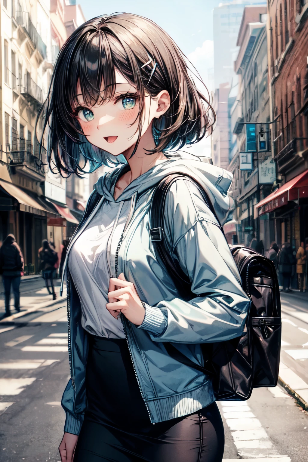 an extremely delicate,
beautiful girl,
break,
8k,
best quality,
masterpiece,
ultra hires,
ultra detailed girl,
super fine illustration,
break,
active pose, dynamic angle,
street,
shiny,
bright,
rim lighting,
break,
1girl,
solo,
college age,
perfect female body,
black hair,
short hair,
bangs hairpin,
asymmetrical bangs,
round face,
PaleTurquoise eyes,
sleepy,
(smile:0.8), open mouth,
medium breasts,
break,
hoodie,
pencil Skirt,
long sleeves,
knapsack,