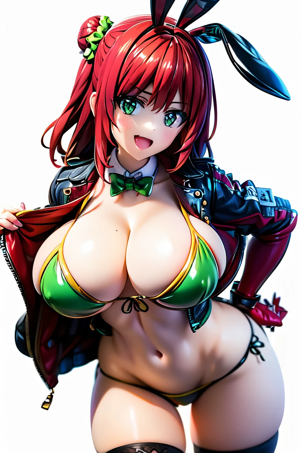 best quality, masterpiece, extremely detailed CG, official art , professional lighting, sakimiyairuka, (one side up), green scrunchie, hair ornament, red hair, green eyes, perfect face, shiny skin, playboy bunny, black pantyhose, bowtie, wrist cuffs, rabbit ears, casino, cowboy shot