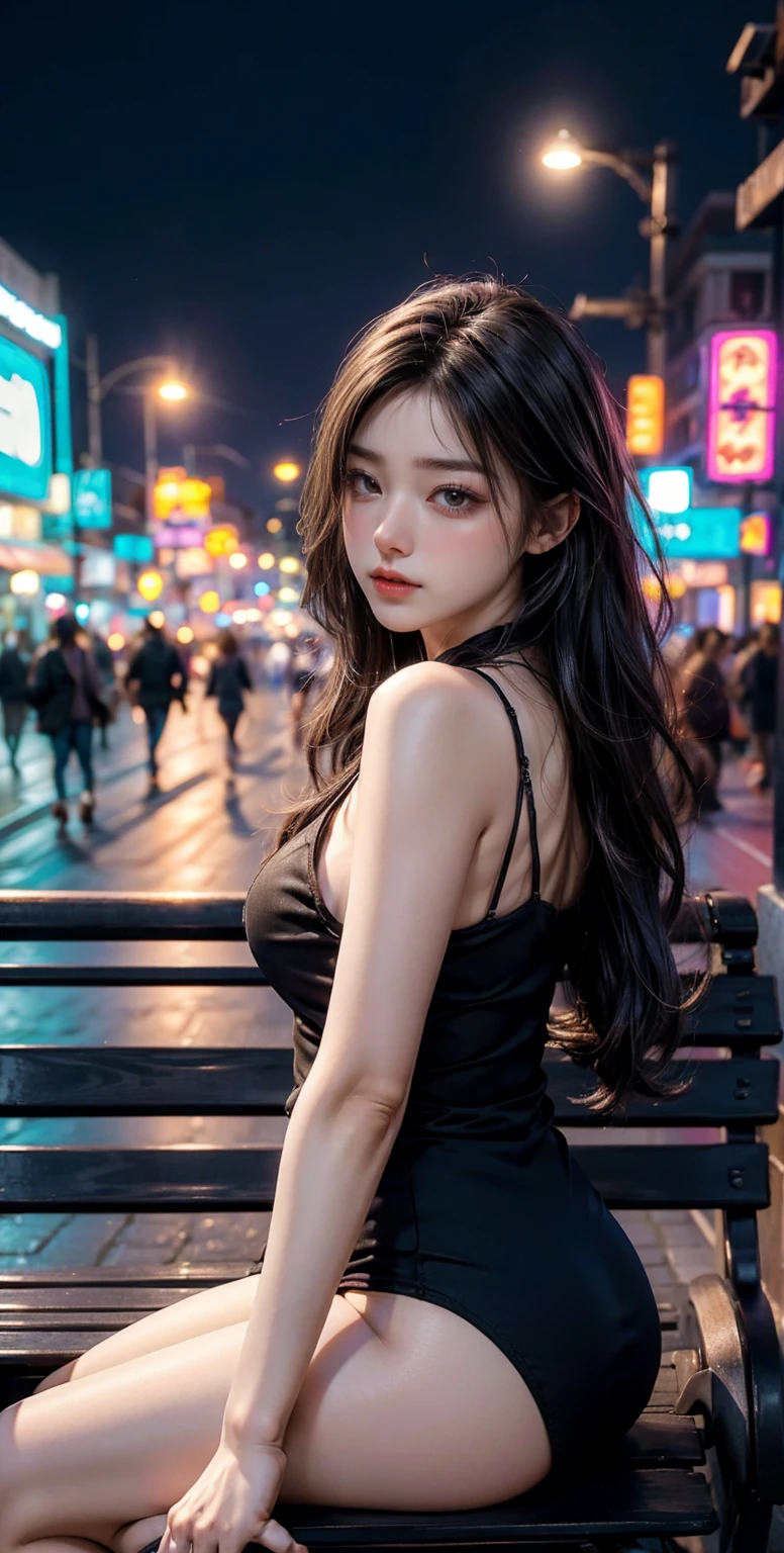 8k, highest quality, （pubic hair beauty）、High resolution, Realistic, real person、Bustling street at night、On a bench in a park with dazzling neon lights、(I&#39;m drunk on the bench, I close my eyes and fall asleep.)、(Drunk, her legs are wide open and her underwear is visible.)、((Falling off the chair and sleeping))、micro mini skirt、beautiful feet、high heels、（clutching a sake bottle）