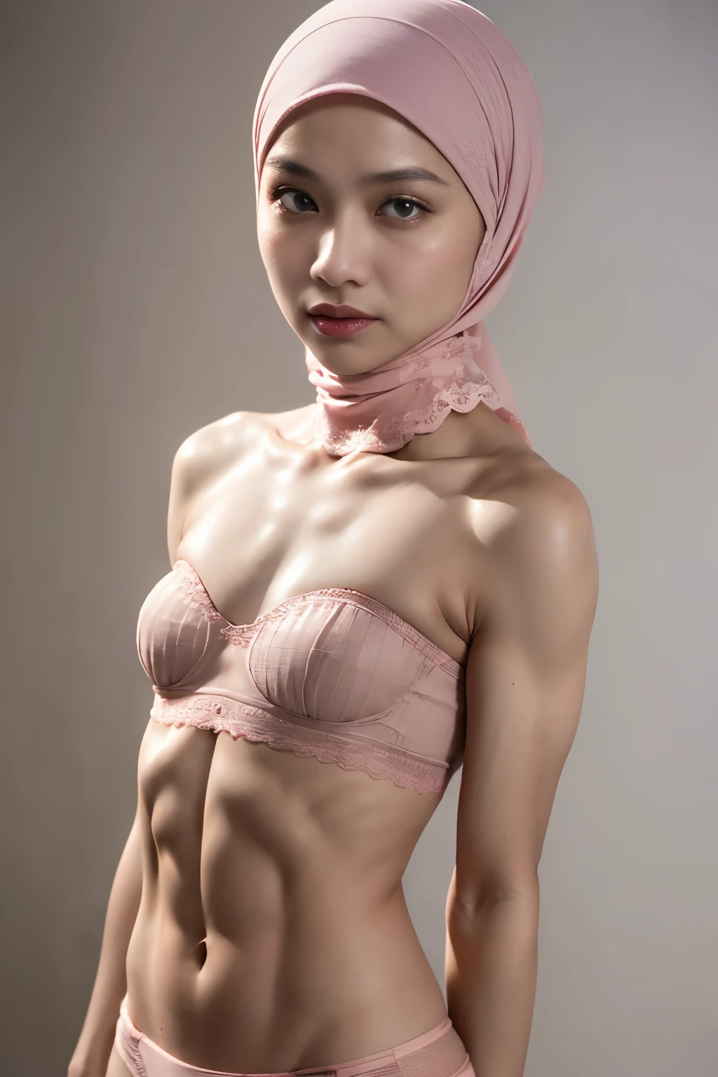 ((SHORT HIJAB)), ((Flat chest:1.7)), (dynamic photograph of a 58 year old Indonesian woman), (slim top, cotton panties), (straight non curly hair), (highly detailed face:1.4), (vascular muscles and abs:1.3), (background inside light, bright, private gym:1.1), (8k, uhd, dslr, high quality, cinematic lighting, bokeh), (dramatic, award winning photography, incredible masterpiece:1.3), (((sexy sultry stare at camera:0.8))), close up, ((she is ready to dominate you:0.5)), ((beautiful feminine face)) (she is a champion MMA fighter), add_detail:1, ((Wearing strapless pastel)) lace pink , from behind view, seductive pose, straddling 