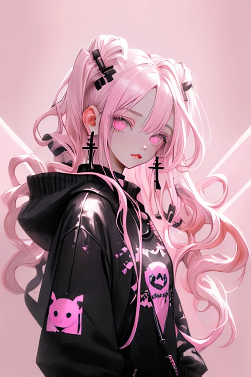 Bottom Style, 1 girl, alone, Twin tails,Long Hair, Looking at the audience, Glowing background, jewelry, Mouth closed, Jacket, Upper Body, Pink Hair, Earrings, Pink Eyes, necklace, From the side, sweater, lips, eyelash, Compensate, Wavy Hair, Earrings, cross, lipstick, ear Earrings, eye shadow, hoop Earrings, pink lips, Variegated eyes, Pink Theme, , pink eye shadow,
