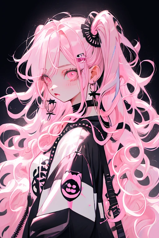 Bottom Style, 1 girl, alone, Twin tails,Long Hair, Looking at the audience, Glowing background, jewelry, Mouth closed, Jacket, Upper Body, Pink Hair, Earrings, Pink Eyes, necklace, From the side, sweater, lips, eyelash, Compensate, Wavy Hair, Earrings, cross, lipstick, ear Earrings, eye shadow, hoop Earrings, pink lips, Variegated eyes, Pink Theme, , pink eye shadow,
