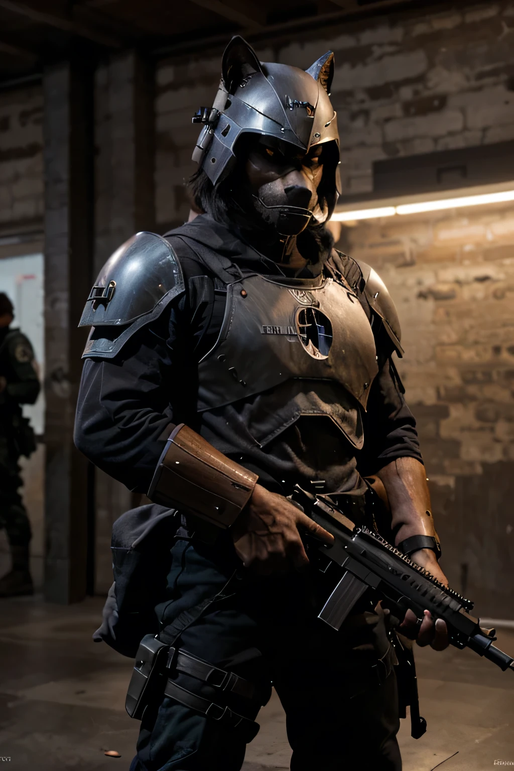 /imagine prompt: werewolf, soldier, warrior, with soldier's helmet, armed with rifle.::3 cyberpunk::3 gray::3 wooden::3  --aspect 16:9 --stylize 0 