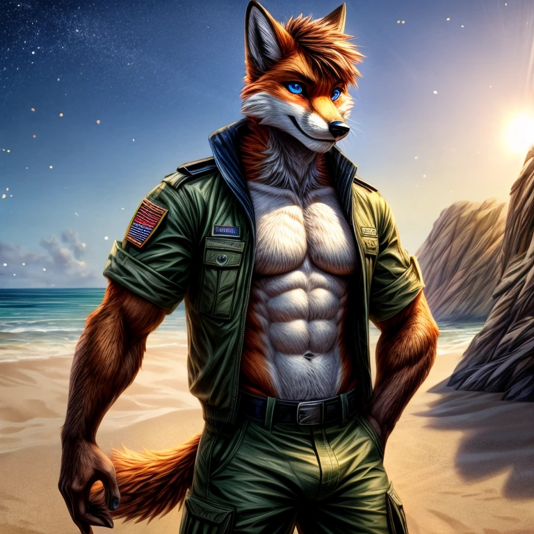 Masterpieces, furry, male, Anthropomorphic, red fox, blue eyes, black mark, veiny, thin body, age 20, Delicate eyes, furred body, war veteran, on a beach, perfect lighting, light particles,(best quality),(masterpiece),(ultra detailed), sharp focus, light particles, detailed barren background, green military pants, shirtless, open jacket fierce look, soldier look, full body, six pack abs