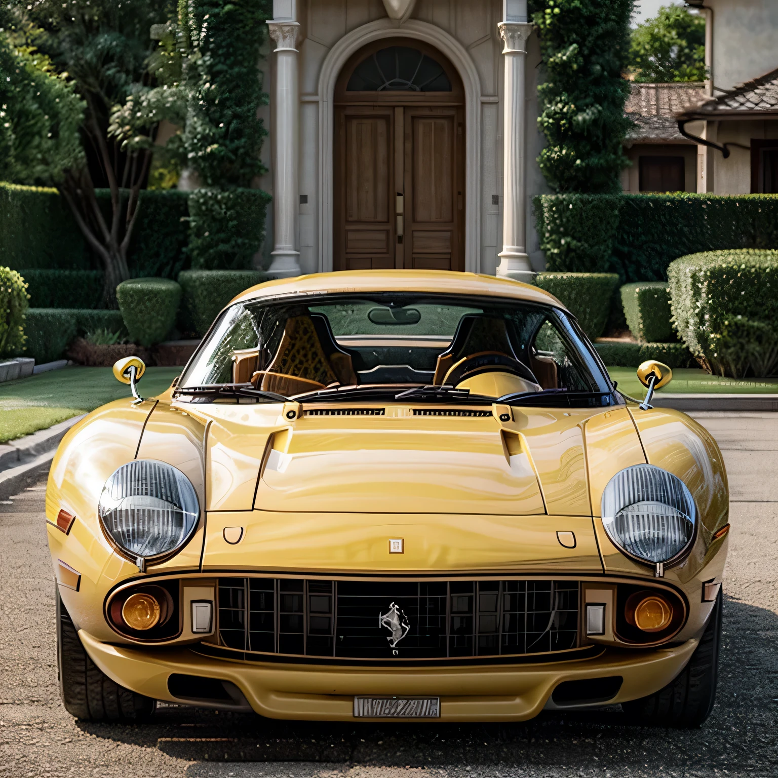 /imagine prompt: Ferrari Dino coupe 2 doors, 1963, yellow color, fhotorrealism,(((Ghibli style))), Spirited Away, Howl's Moving Castle, dreamy colour palette,