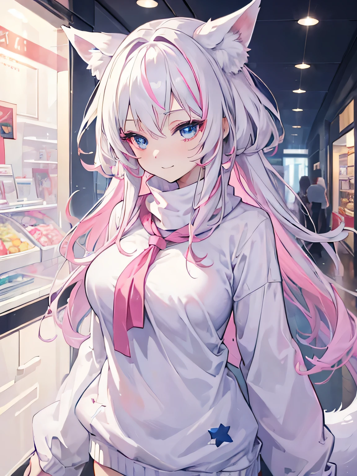 (masterpiece, best quality:1.4), 8k, White hair fox Girl Mature medium chest Smirking teasing laughing Happy Loud Outgoing anime girl with pink Highlights and Blue Eyes in the Mall wearing an Oversized Sweater (detailed eyes and face, sharp pupils, realistic pupils:0.6)