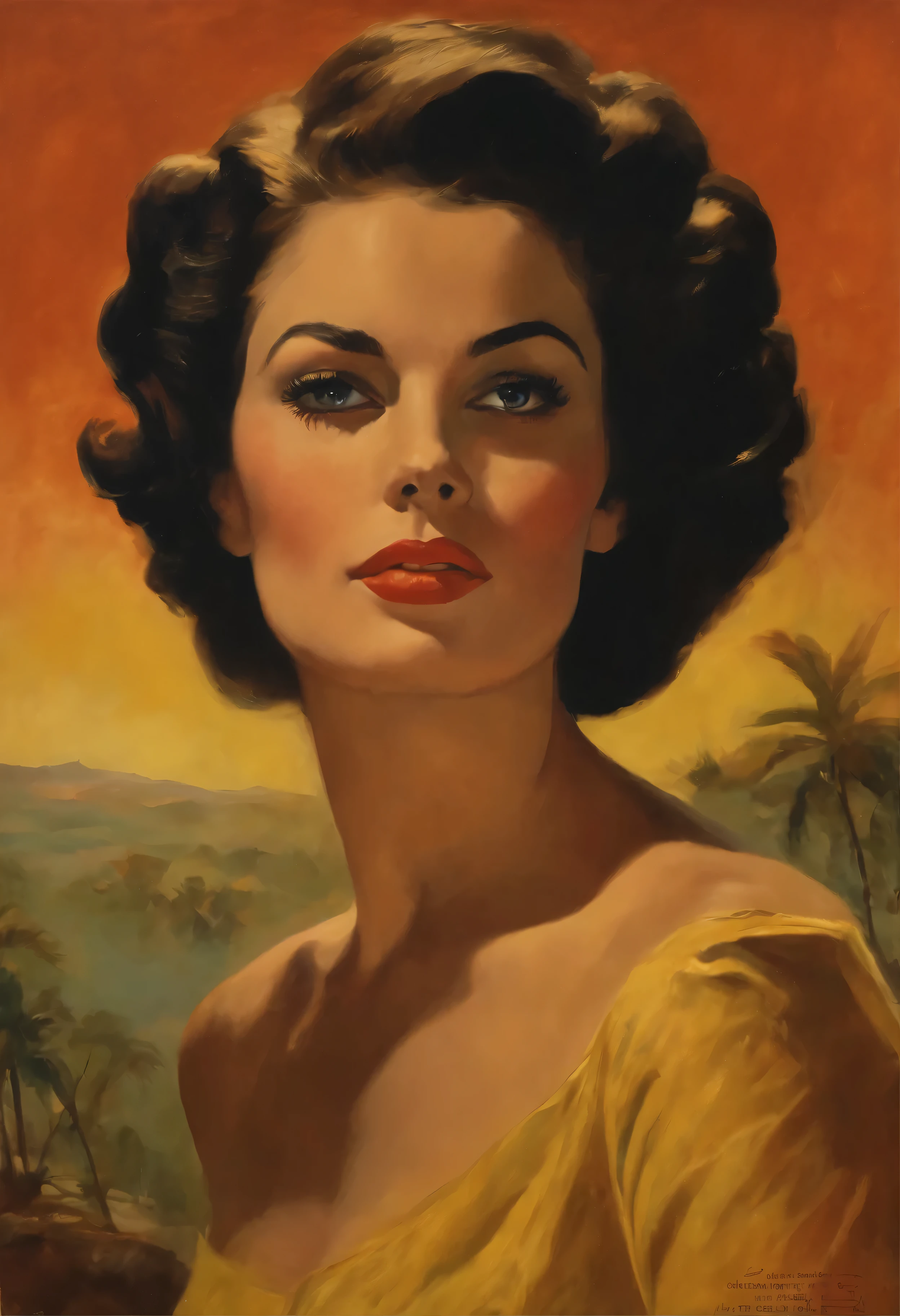 Mulher clara, cabelos ruivos longos, robusta, sexy, ruiva, oil portrait, 1960, vintage, VHS, pintura vintage, arte da capa do livro pulp scifi, Hestia, retro pulp art, 1970 s cartaz do filme, pintura de cartazes de filmes, Vintage Pulp Art a portrait of Lula in the 21st century, bela pintura com rosto altamente detalhado por greg rutkowski e magali villanueve, pure and innocent expression, texturas de reflexos naturais, cinematic lighting
