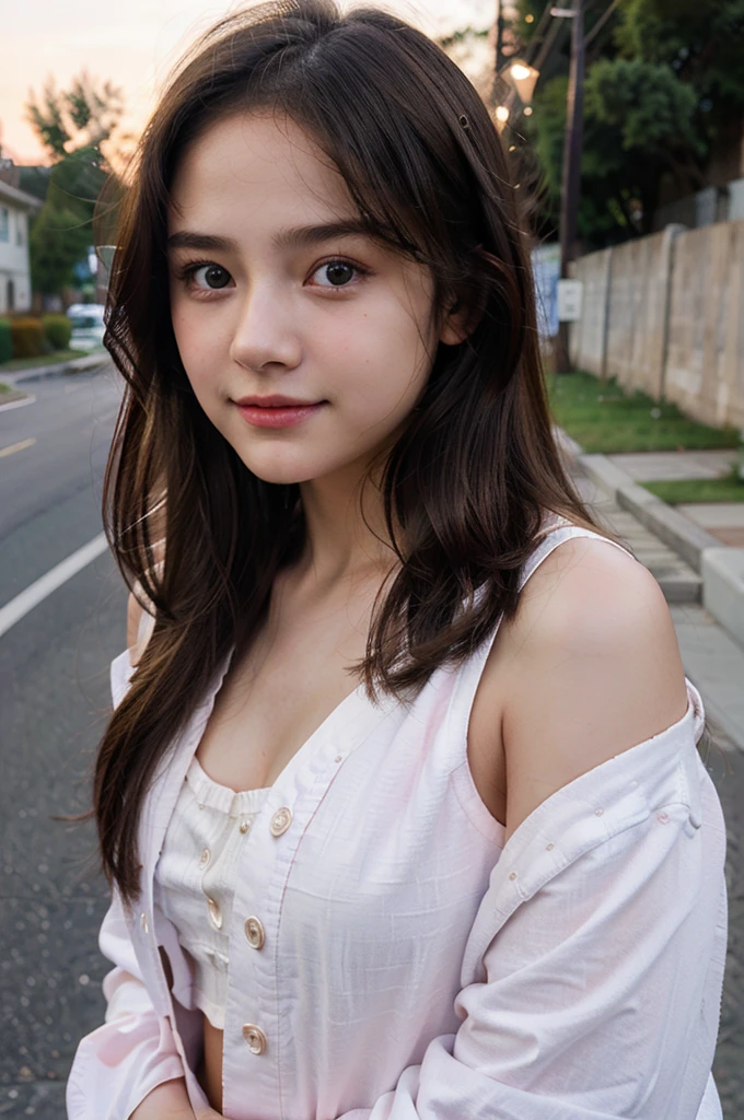 Masterpiece, white skin, textured skin, super detail, high details, high quality, 8k, nice pose, road night background, dark shadow, less light, nature light, side lighting to face beautifull (( girl)) A pink jacket, cute girl, beautiful girl, ((pretty face)) cute detailed , ((perfect face shape)) long hair (smile) realsltic, A cute girl, perfect face, beautifull 14 years oldrs old girl, cute t face shape ((looking at sky)) ((open shoulder))