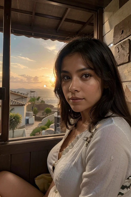 Anciana  sentada en el porche de su casa, disfrutando del atardecer, con in sieter tejodo y la Mirada, evoking the past and the good memories he lived. 8k, high texture, high details, bella ancianita, hermosa viejita