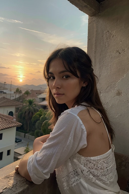Anciana sentada en el porche de su casa, disfrutando del atardecer, con in sieter tejodo y la Mirada, evoking the past and the good memories he lived. 8k, high texture, high details, bella ancianita, hermosa viejita