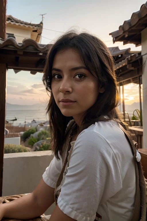 Anciana sentada en el porche de su casa, disfrutando del atardecer, con in sieter tejodo y la Mirada, evoking the past and the good memories he lived. 8k, high texture, high details, bella ancianita, hermosa viejita