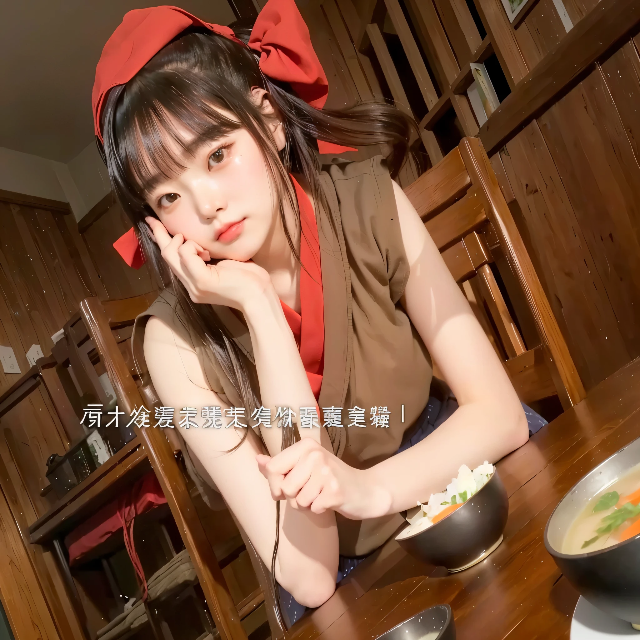 Anime girl sitting at the table，Holding a bowl of soup, inspired by Wu Shixian, Inspired by Yao Tingmei, Sakimi Chen, Inspired by trees, Katsuragi Misato, Iwakura Ren, Inspired by Yushin Nishikawa, Inspired by Chen Yifei, Snowstorm, HD screenshots, A Ride as a Boat