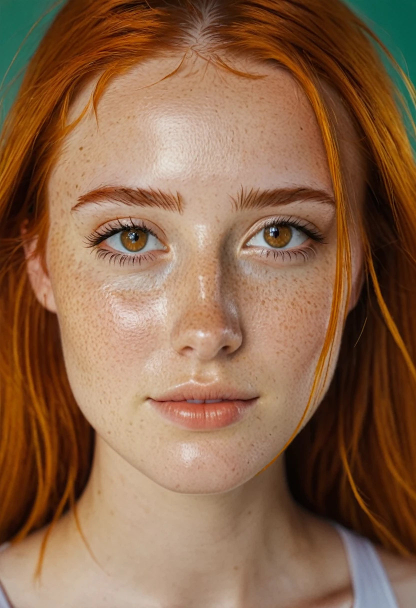 a 20 year old girl with brown eyes, orange hair and freckles on her skin, professional color grading, soft shadows, no contrast, clean sharp focus, film photography –q 2 –s 750 –v 5